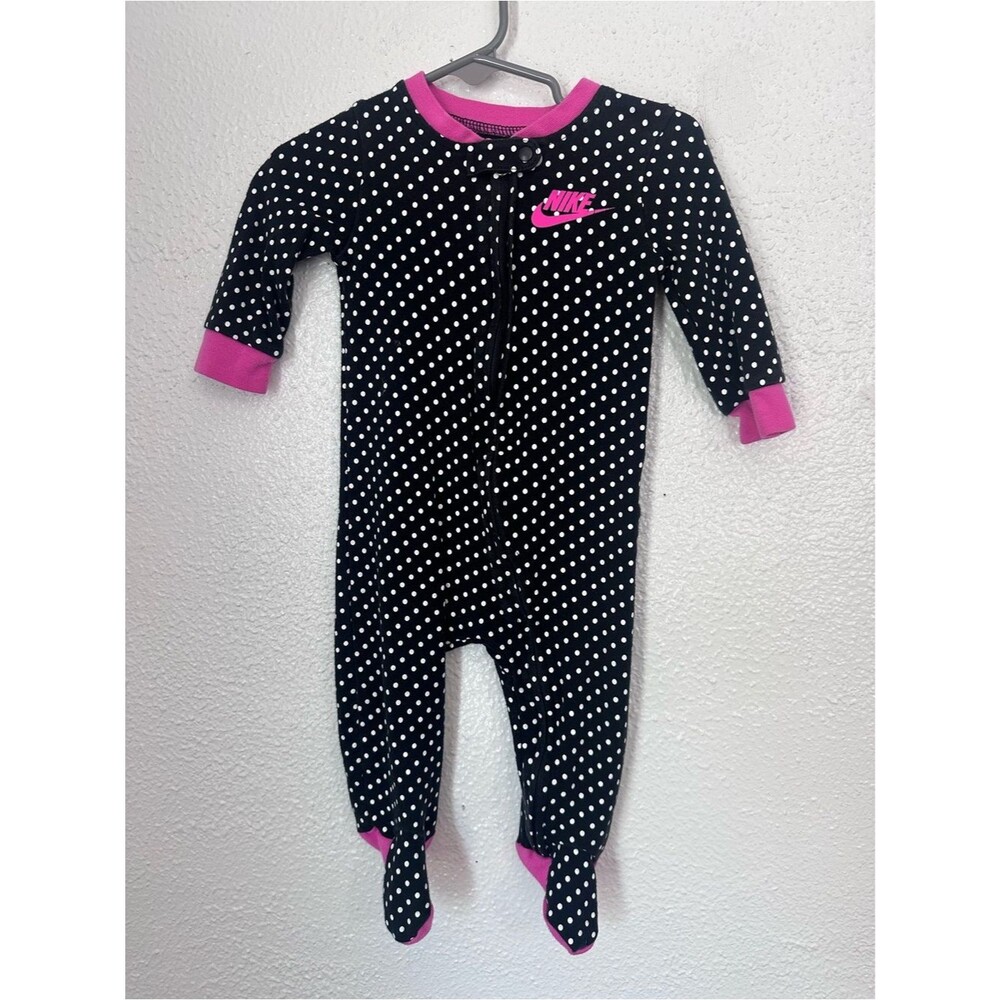 9M Baby Girl Nike Zip Up Pajamas One Piece Footie Black White Pink Polka Dots